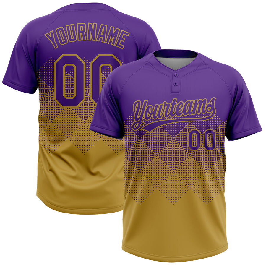 Custom Purple Old Gold 3D Gradient Square Shape Two-Button Unisex Softball Jersey