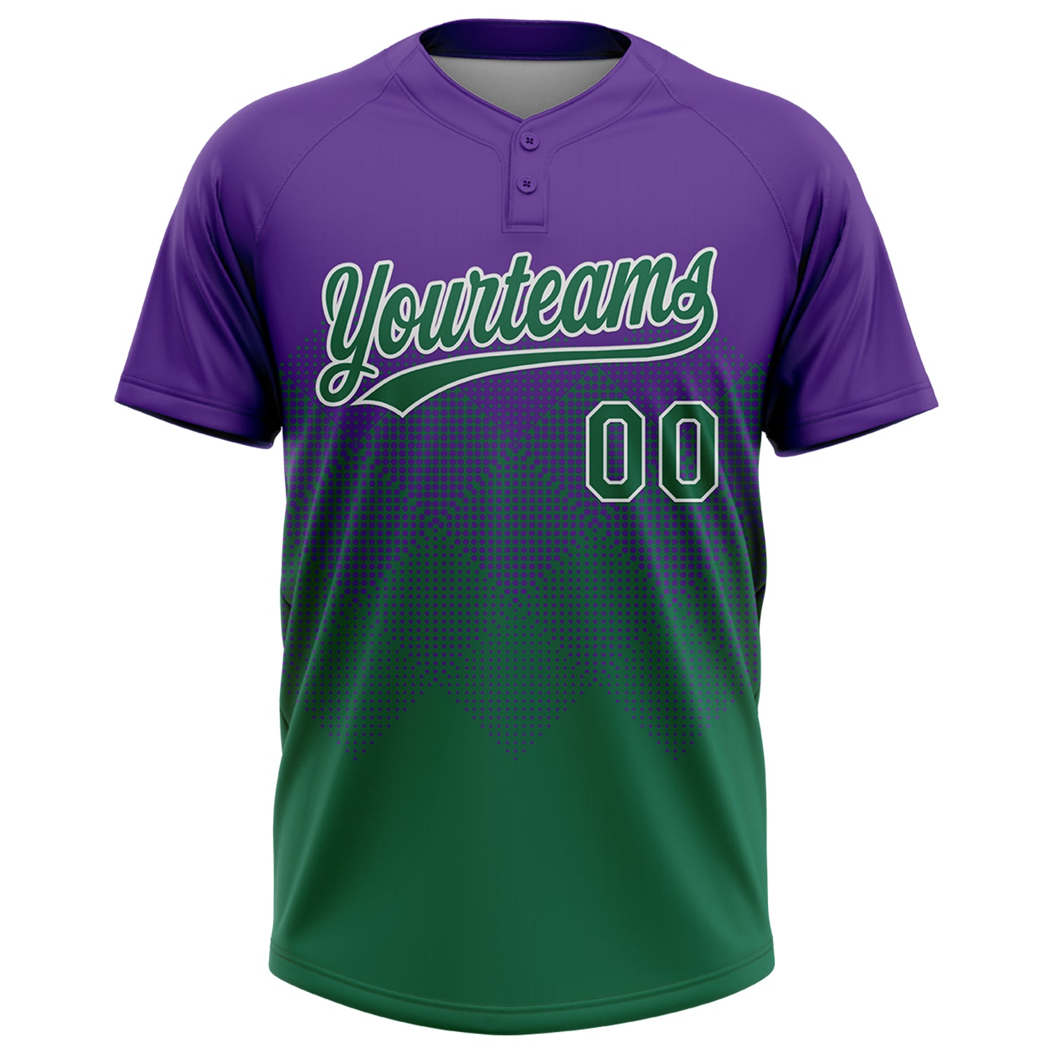 Custom Purple Kelly Green-White 3D Gradient Square Shape Two-Button Unisex Softball Jersey