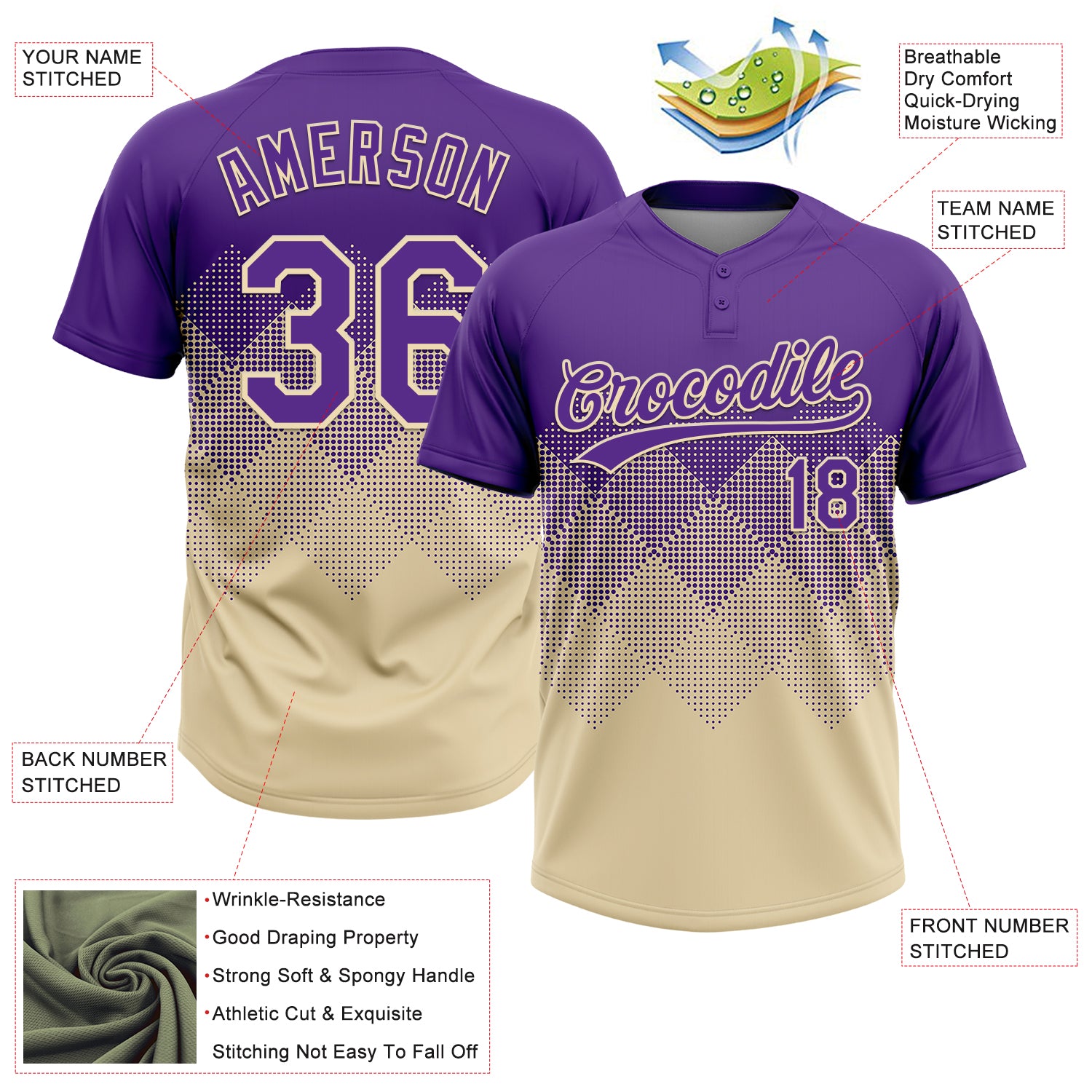 Custom Purple Cream 3D Gradient Square Shape Two-Button Unisex Softball Jersey