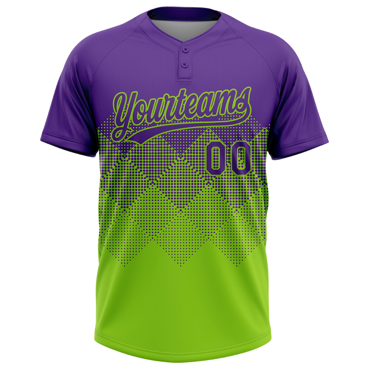Custom Purple Neon Green 3D Gradient Square Shape Two-Button Unisex Softball Jersey