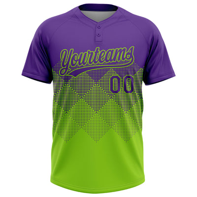 Custom Purple Neon Green 3D Gradient Square Shape Two-Button Unisex Softball Jersey