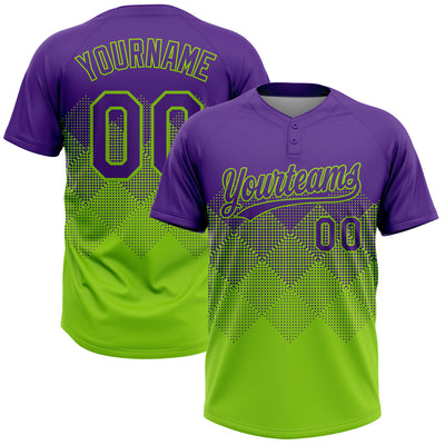 Custom Purple Neon Green 3D Gradient Square Shape Two-Button Unisex Softball Jersey
