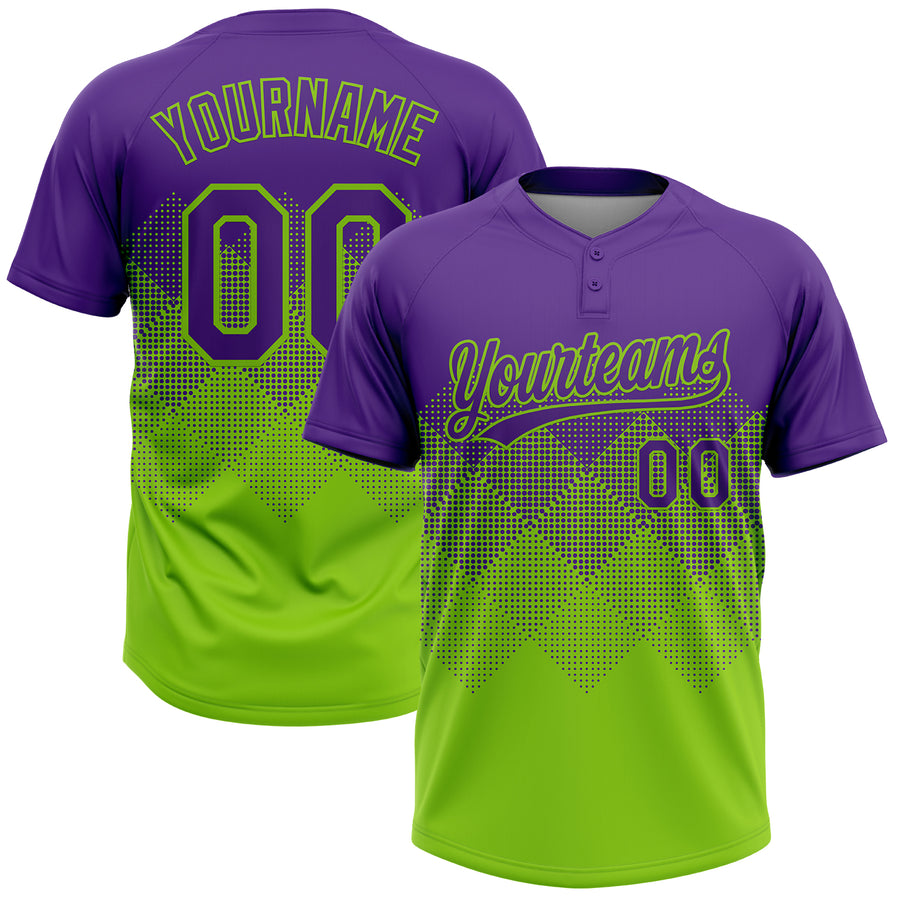 Custom Purple Neon Green 3D Gradient Square Shape Two-Button Unisex Softball Jersey