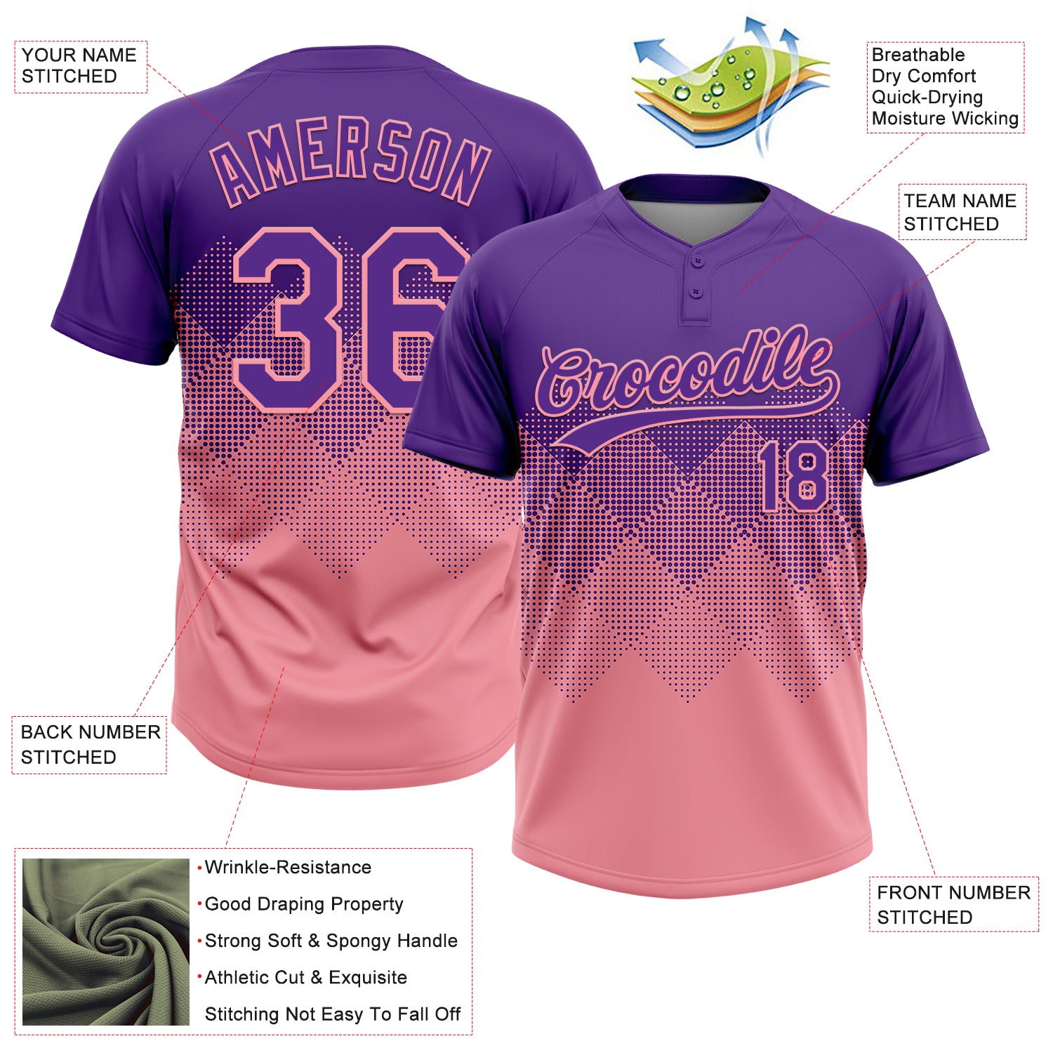 Custom Purple Medium Pink 3D Gradient Square Shape Two-Button Unisex Softball Jersey