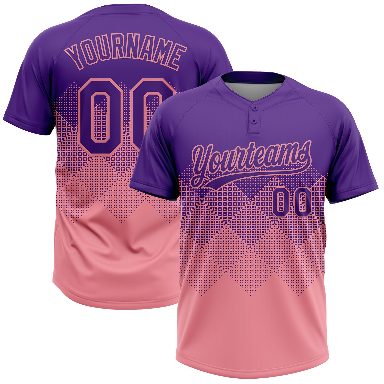Custom Purple Medium Pink 3D Gradient Square Shape Two-Button Unisex Softball Jersey