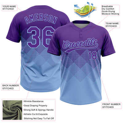 Custom Purple Light Blue 3D Gradient Square Shape Two-Button Unisex Softball Jersey