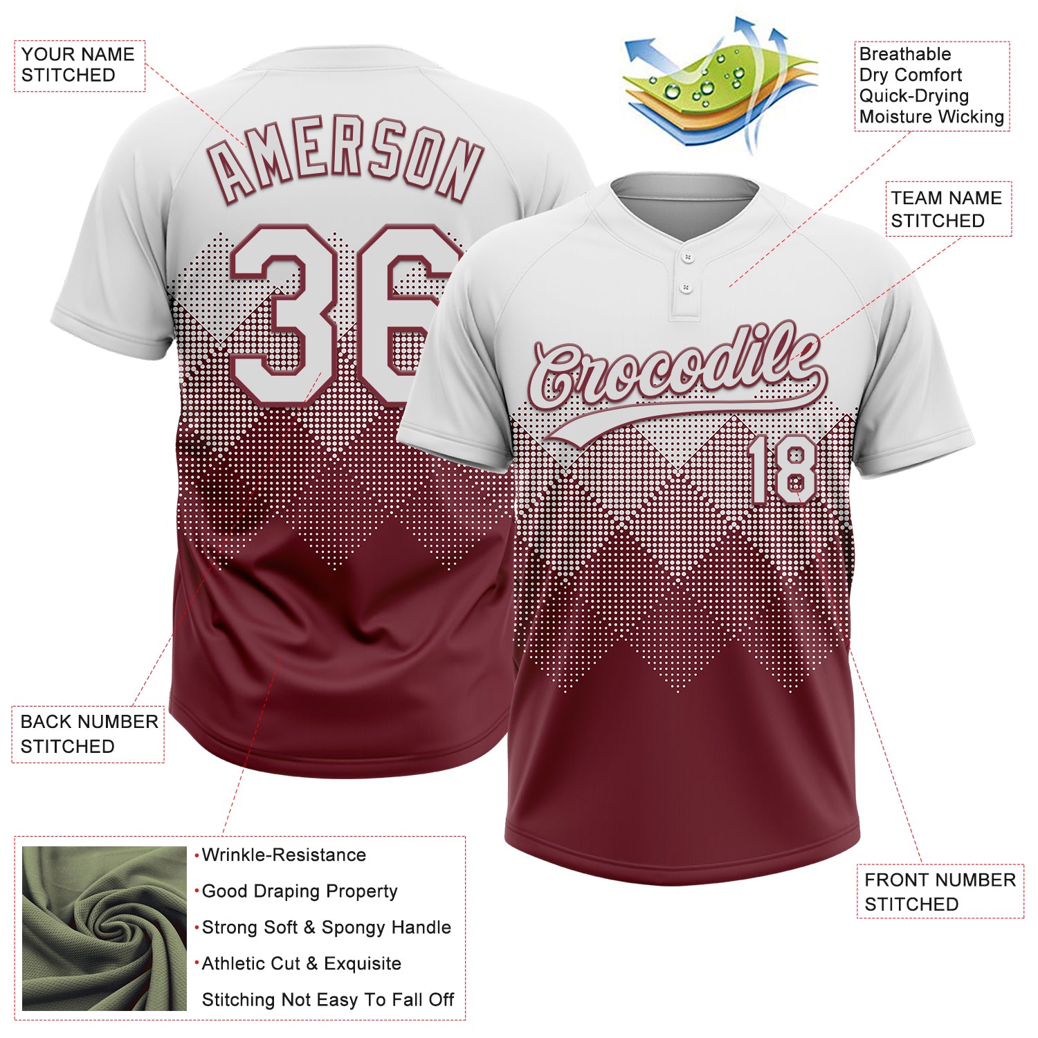 Custom White Burgundy 3D Gradient Square Shape Two-Button Unisex Softball Jersey