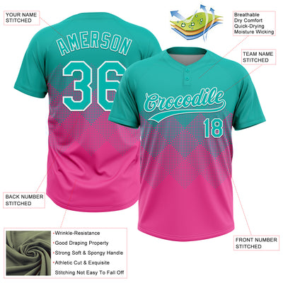 Custom Aqua Pink-White 3D Gradient Square Shape Two-Button Unisex Softball Jersey