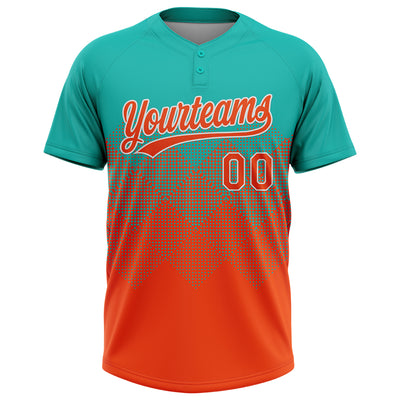 Custom Aqua Orange-White 3D Gradient Square Shape Two-Button Unisex Softball Jersey