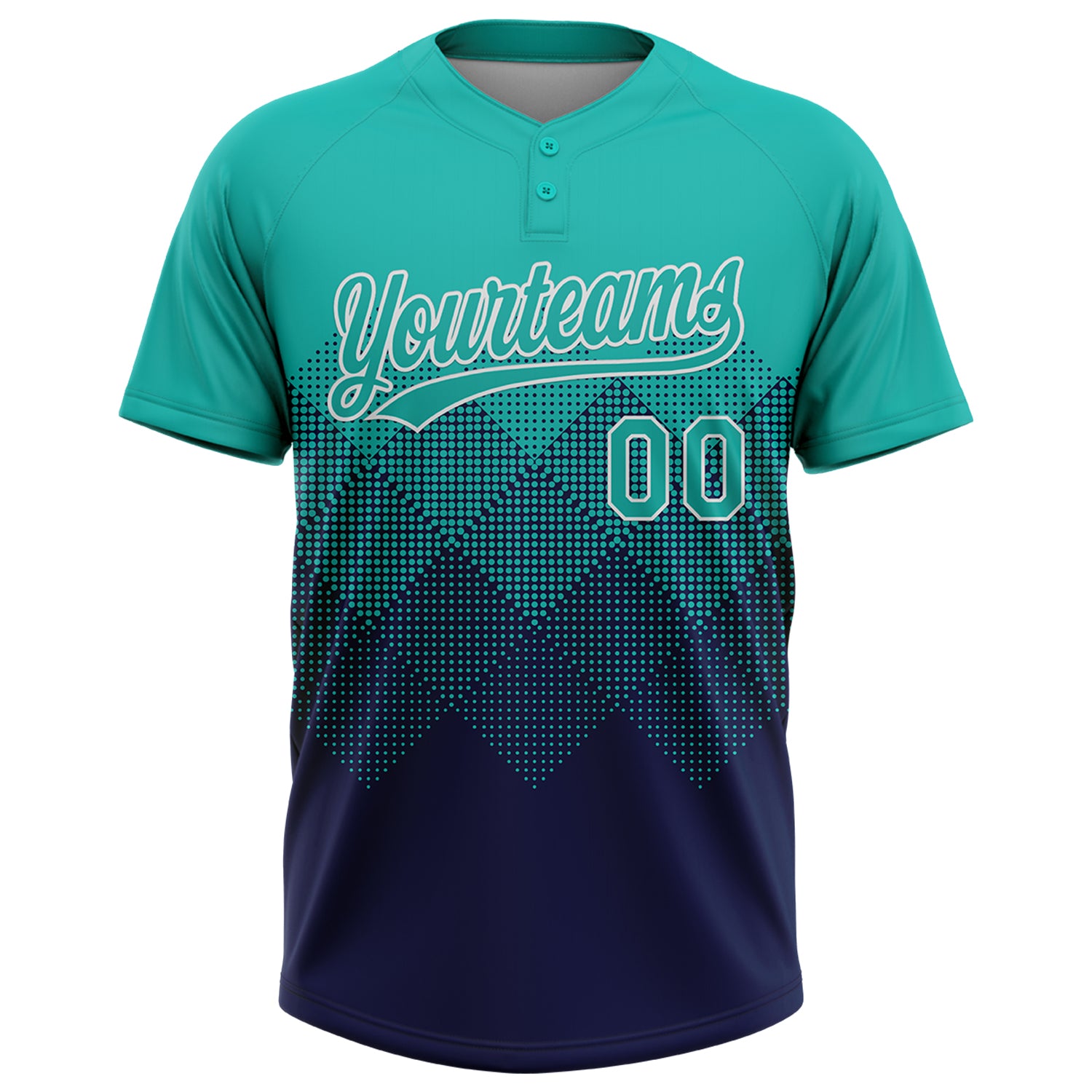 Custom Aqua Navy-White 3D Gradient Square Shape Two-Button Unisex Softball Jersey