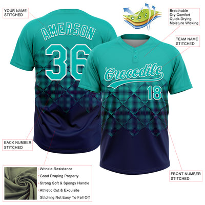 Custom Aqua Navy-White 3D Gradient Square Shape Two-Button Unisex Softball Jersey