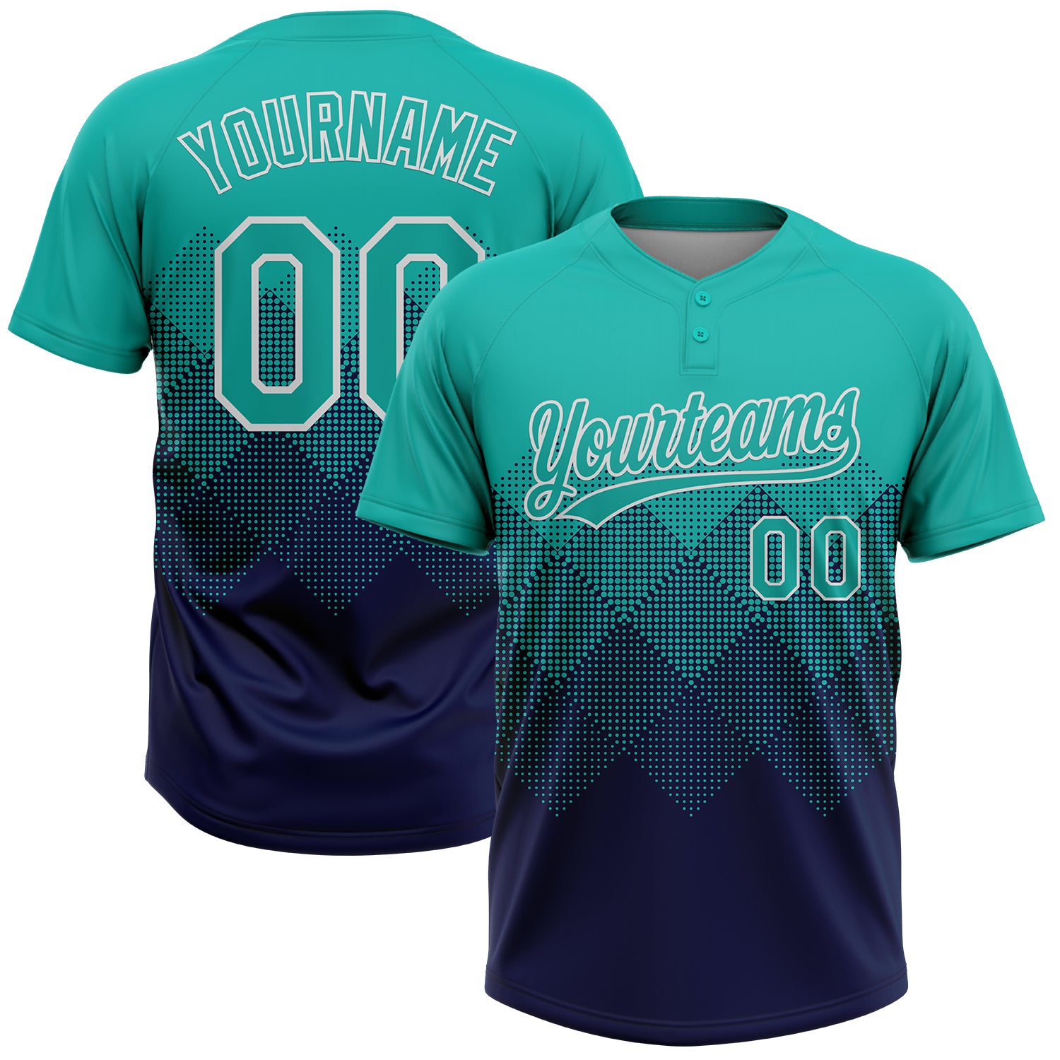 Custom Aqua Navy-White 3D Gradient Square Shape Two-Button Unisex Softball Jersey