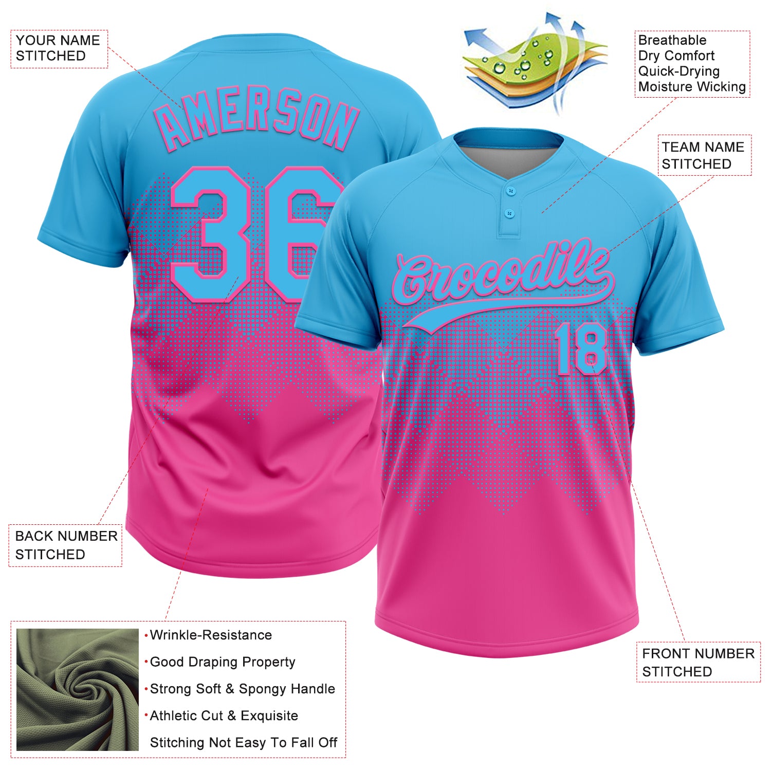 Custom Sky Blue Pink 3D Gradient Square Shape Two-Button Unisex Softball Jersey