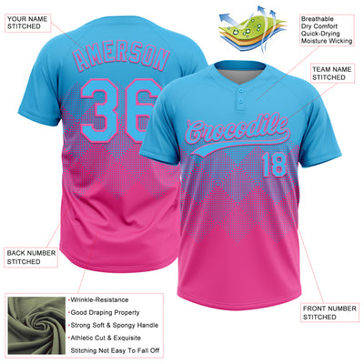 Custom Sky Blue Pink 3D Gradient Square Shape Two-Button Unisex Softball Jersey