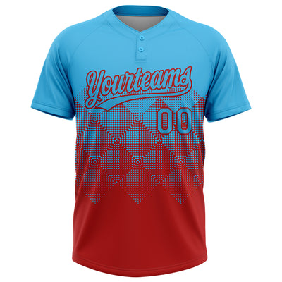 Custom Sky Blue Red 3D Gradient Square Shape Two-Button Unisex Softball Jersey