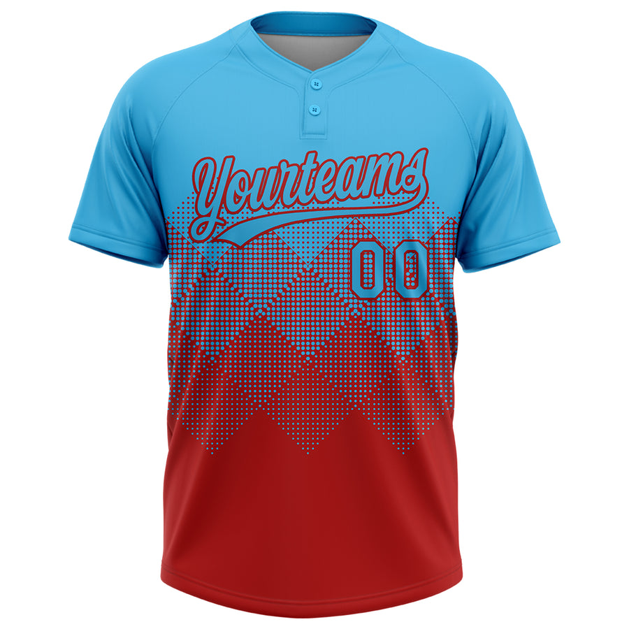 Custom Sky Blue Red 3D Gradient Square Shape Two-Button Unisex Softball Jersey