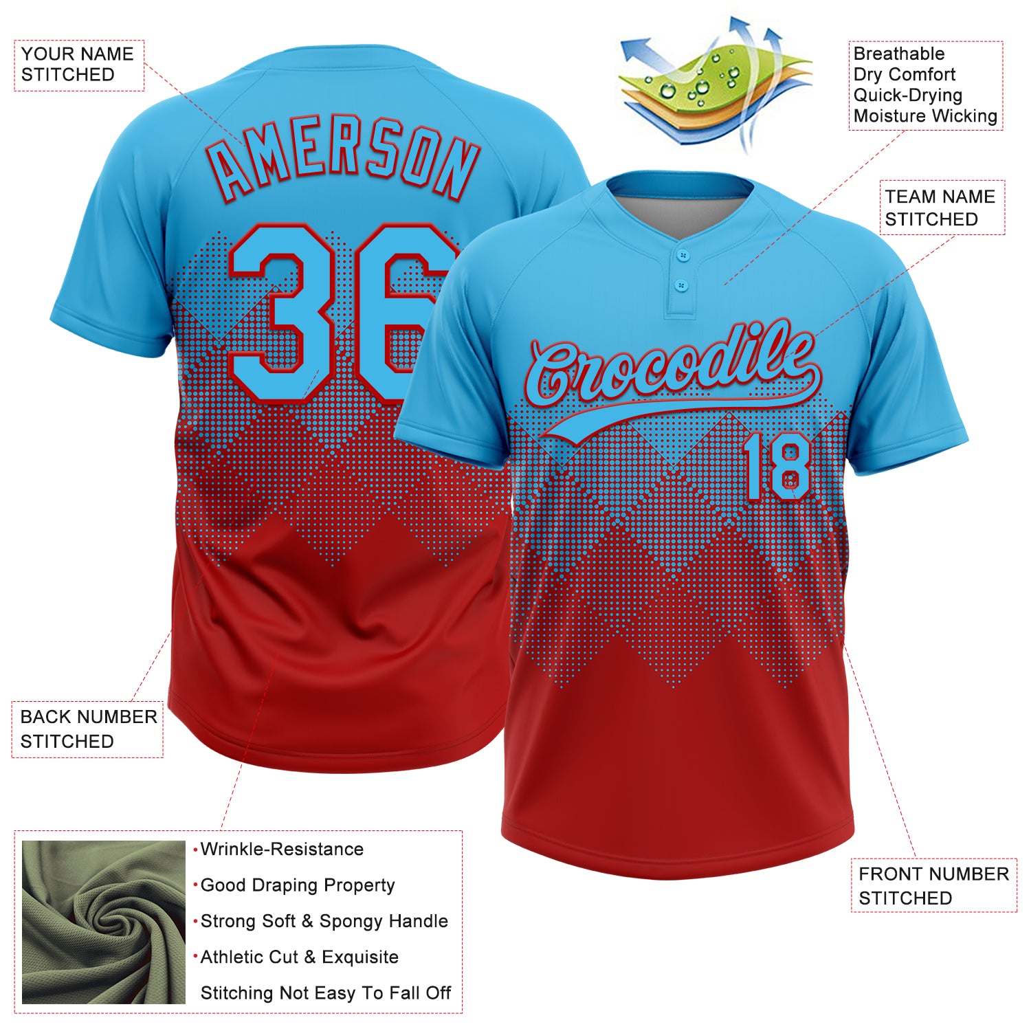 Custom Sky Blue Red 3D Gradient Square Shape Two-Button Unisex Softball Jersey