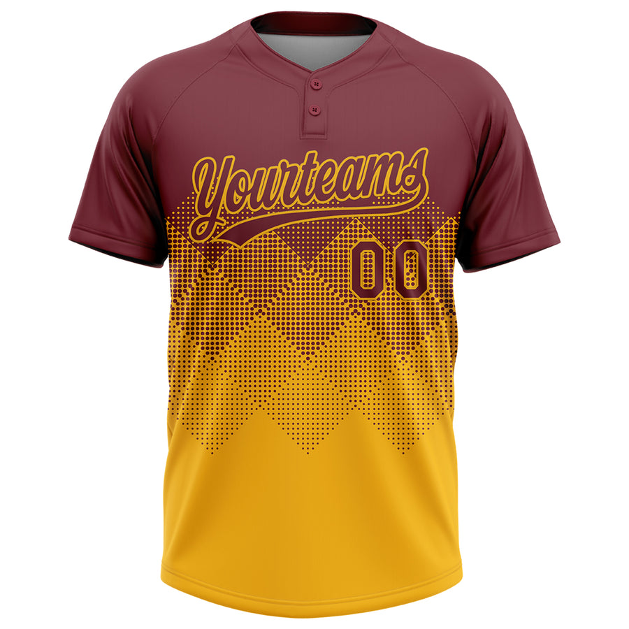 Custom Burgundy Gold 3D Gradient Square Shape Two-Button Unisex Softball Jersey
