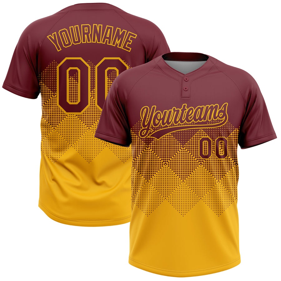 Custom Burgundy Gold 3D Gradient Square Shape Two-Button Unisex Softball Jersey
