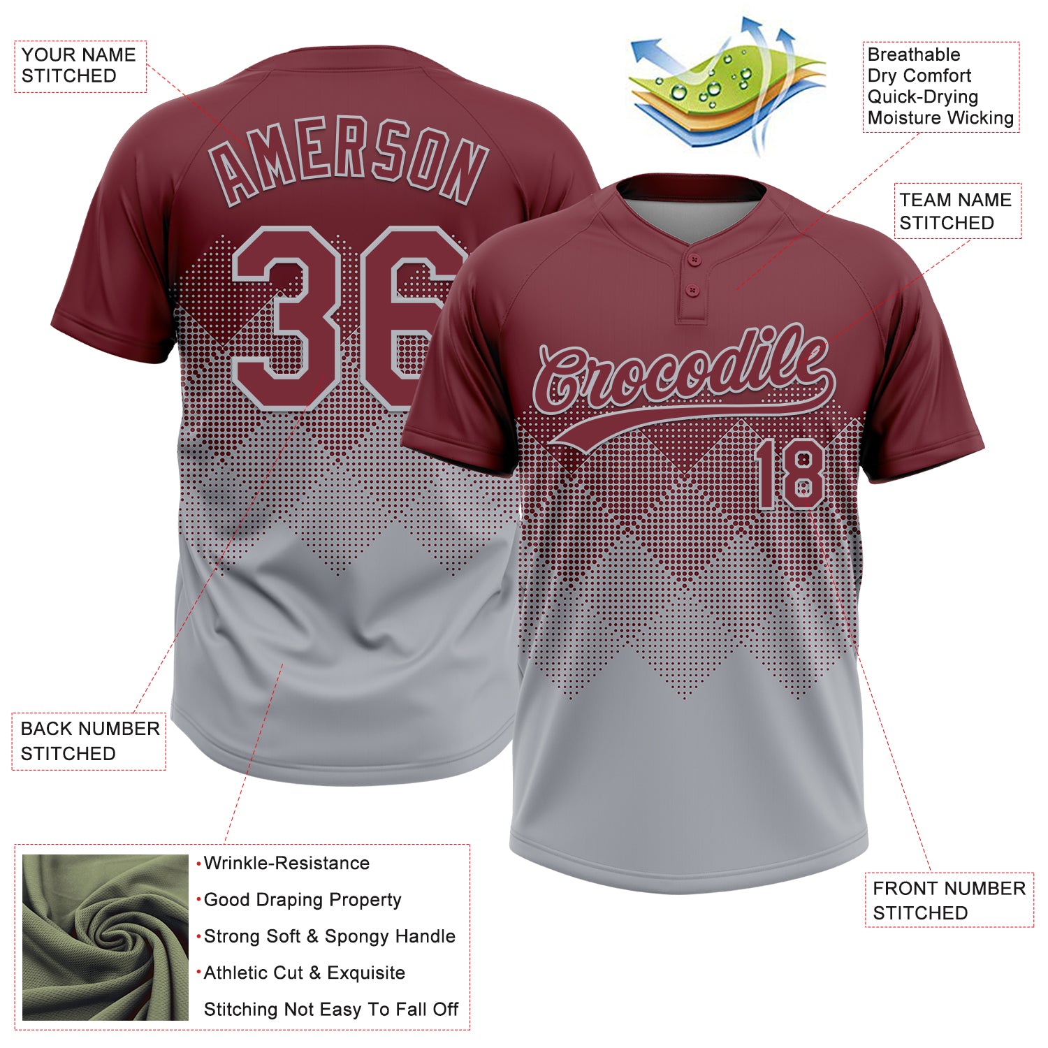 Custom Burgundy Gray 3D Gradient Square Shape Two-Button Unisex Softball Jersey