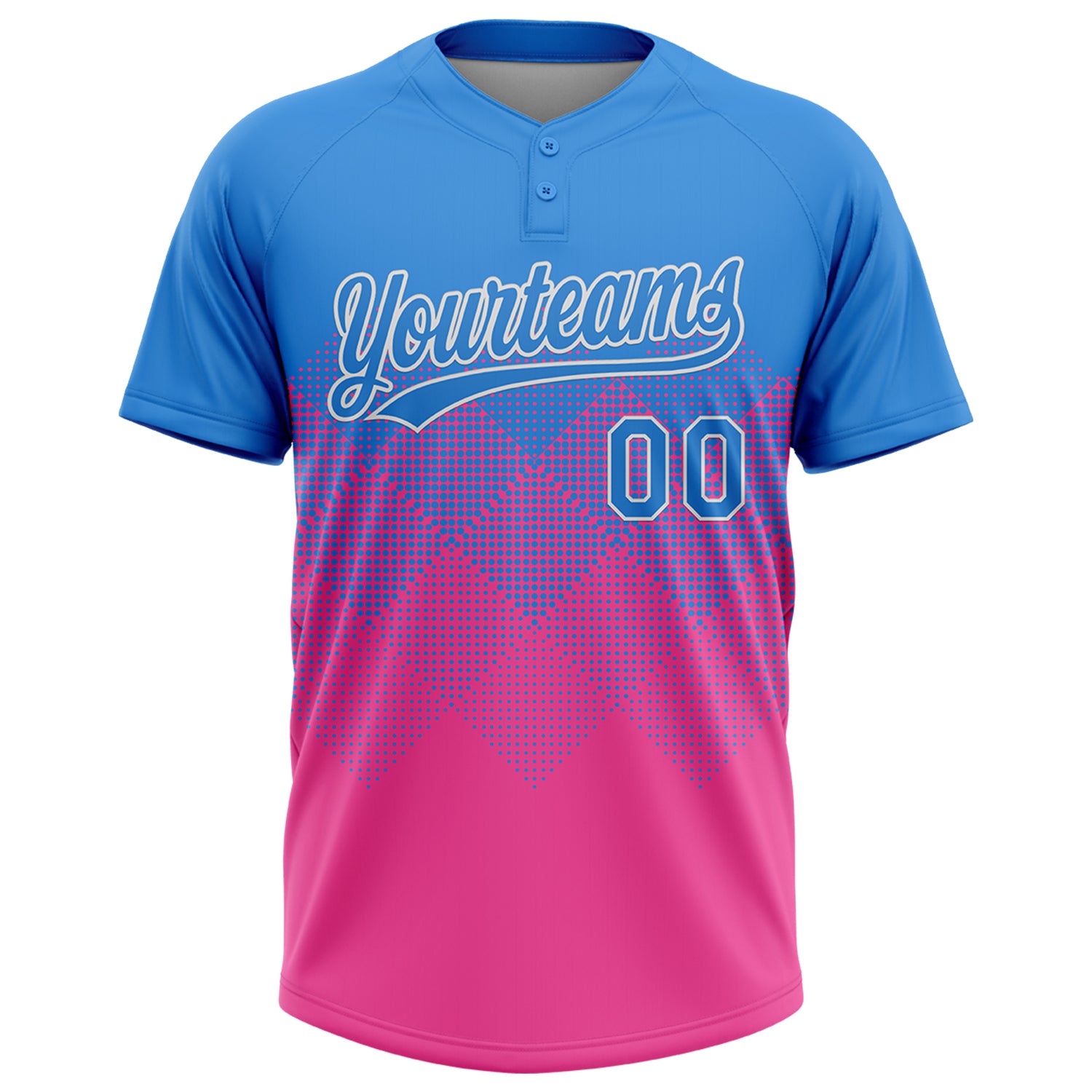 Custom Electric Blue Pink-White 3D Gradient Square Shape Two-Button Unisex Softball Jersey