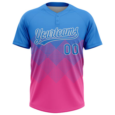 Custom Electric Blue Pink-White 3D Gradient Square Shape Two-Button Unisex Softball Jersey