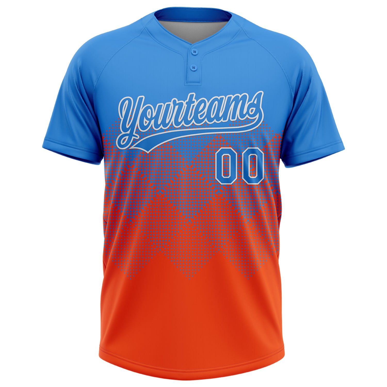Custom Electric Blue Orange-White 3D Gradient Square Shape Two-Button Unisex Softball Jersey
