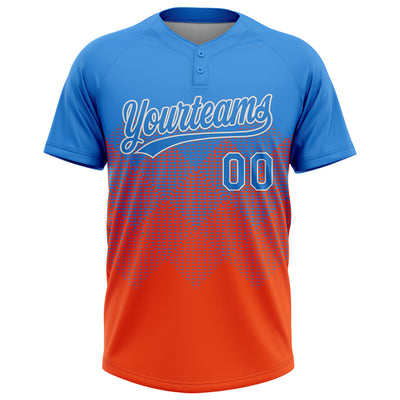 Custom Electric Blue Orange-White 3D Gradient Square Shape Two-Button Unisex Softball Jersey