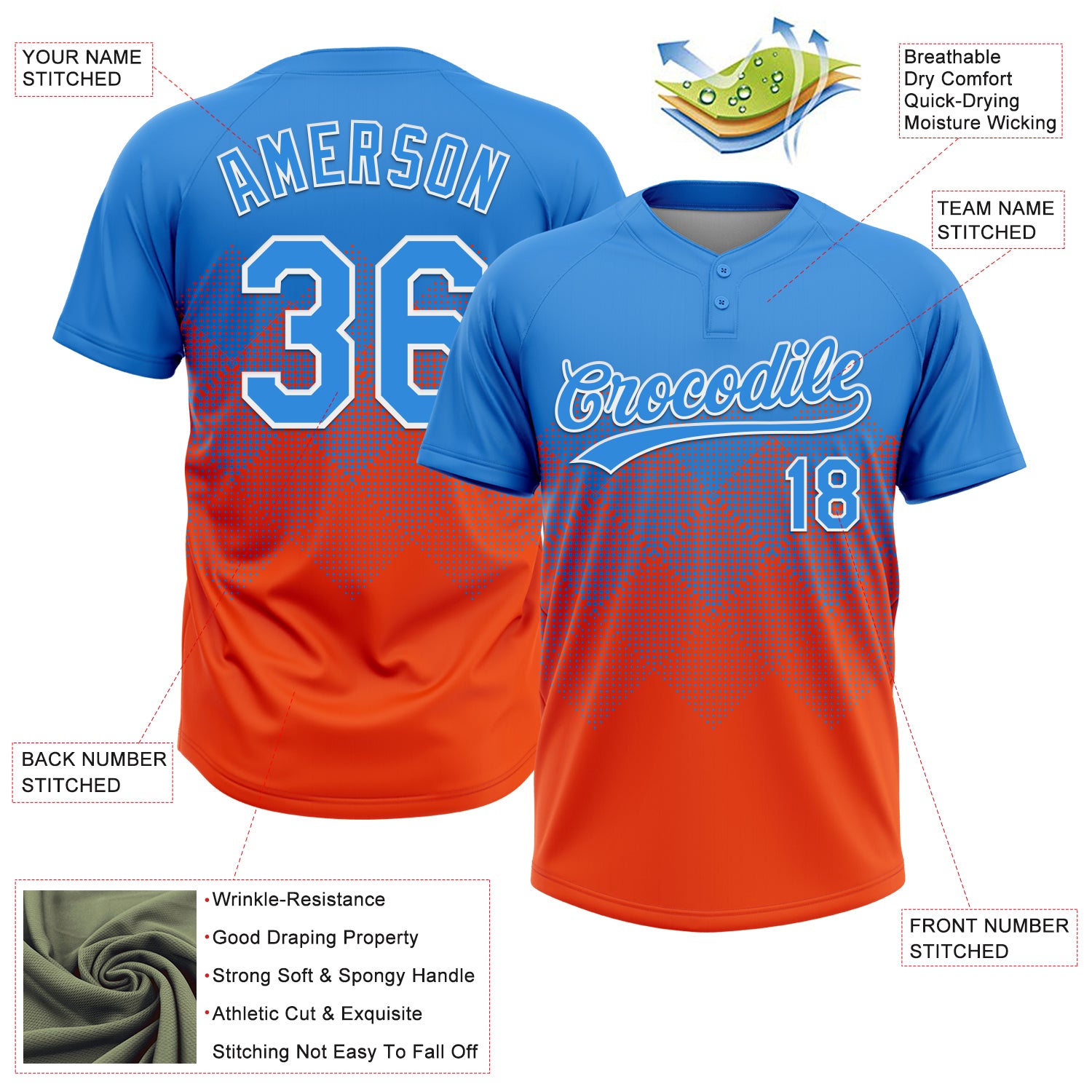 Custom Electric Blue Orange-White 3D Gradient Square Shape Two-Button Unisex Softball Jersey