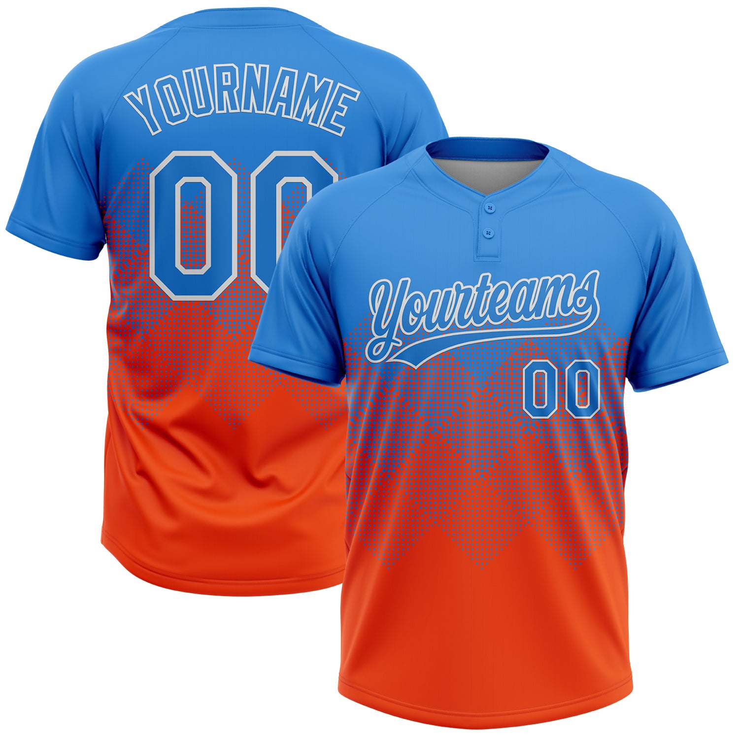 Custom Electric Blue Orange-White 3D Gradient Square Shape Two-Button Unisex Softball Jersey
