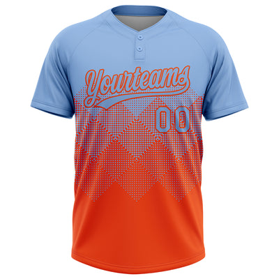 Custom Light Blue Orange 3D Gradient Square Shape Two-Button Unisex Softball Jersey