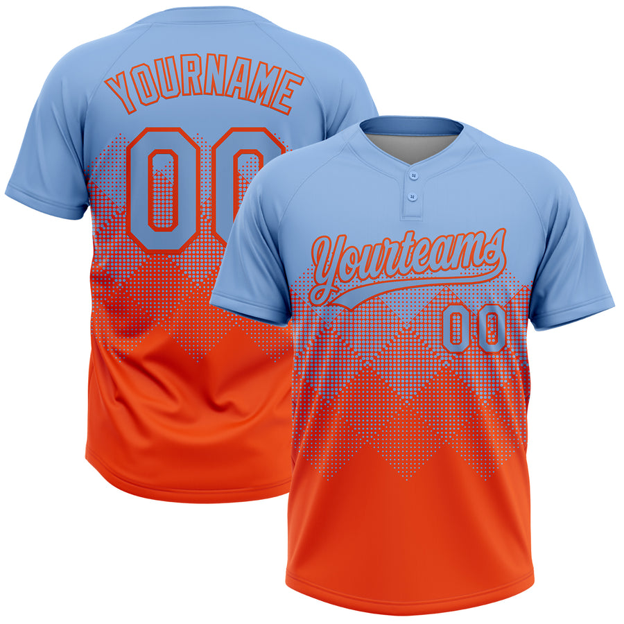 Custom Light Blue Orange 3D Gradient Square Shape Two-Button Unisex Softball Jersey