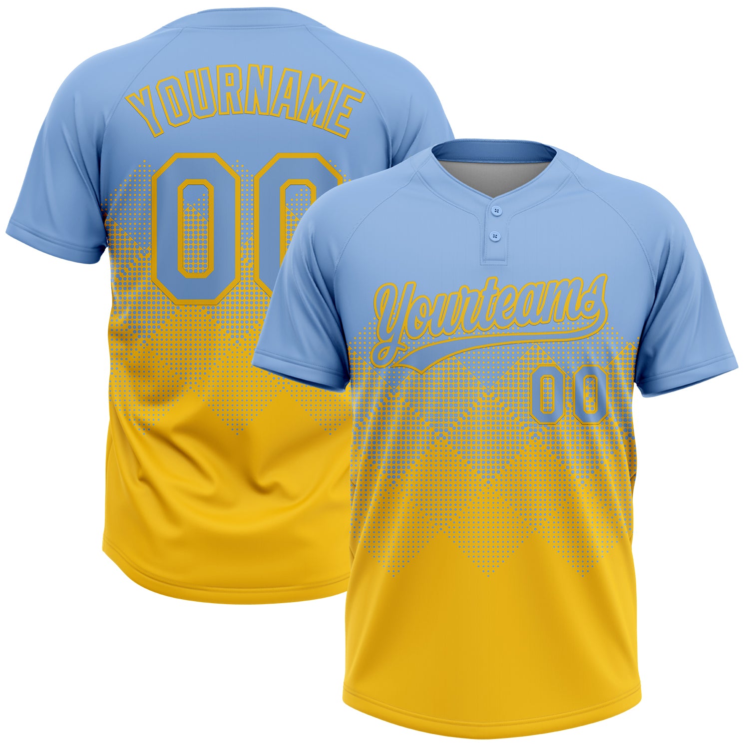 Custom Light Blue Yellow 3D Gradient Square Shape Two-Button Unisex Softball Jersey
