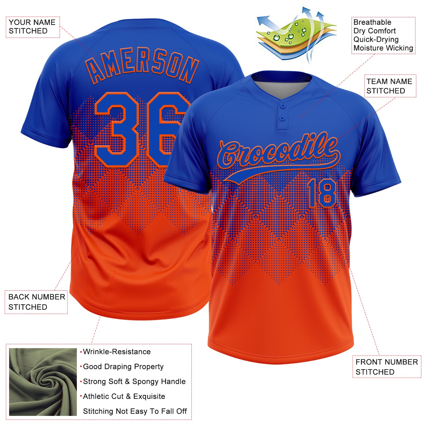 Custom Thunder Blue Orange 3D Gradient Square Shape Two-Button Unisex Softball Jersey