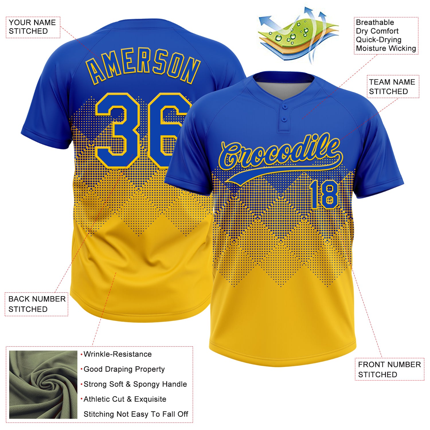 Custom Thunder Blue Yellow 3D Gradient Square Shape Two-Button Unisex Softball Jersey