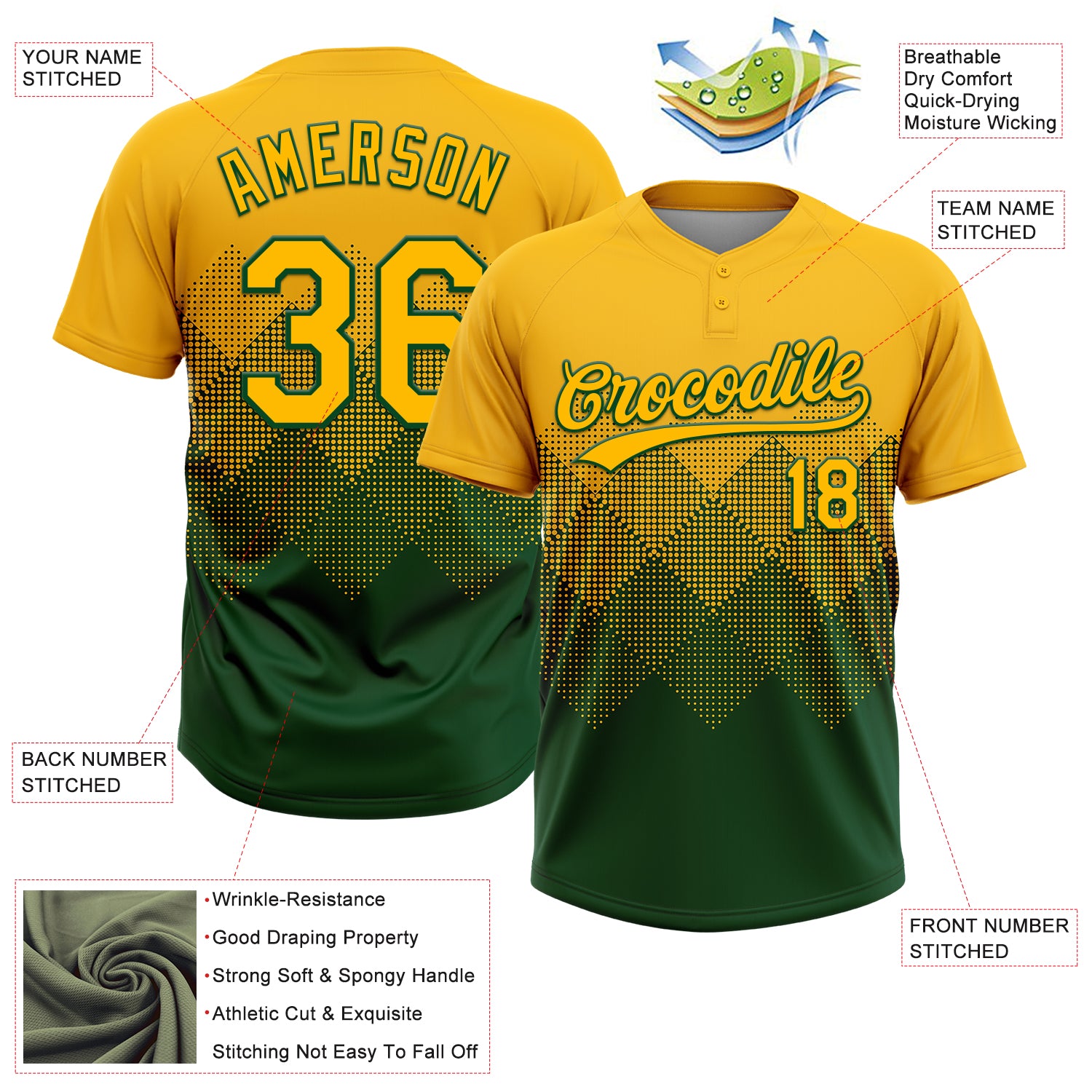 Custom Gold Green 3D Gradient Square Shape Two-Button Unisex Softball Jersey