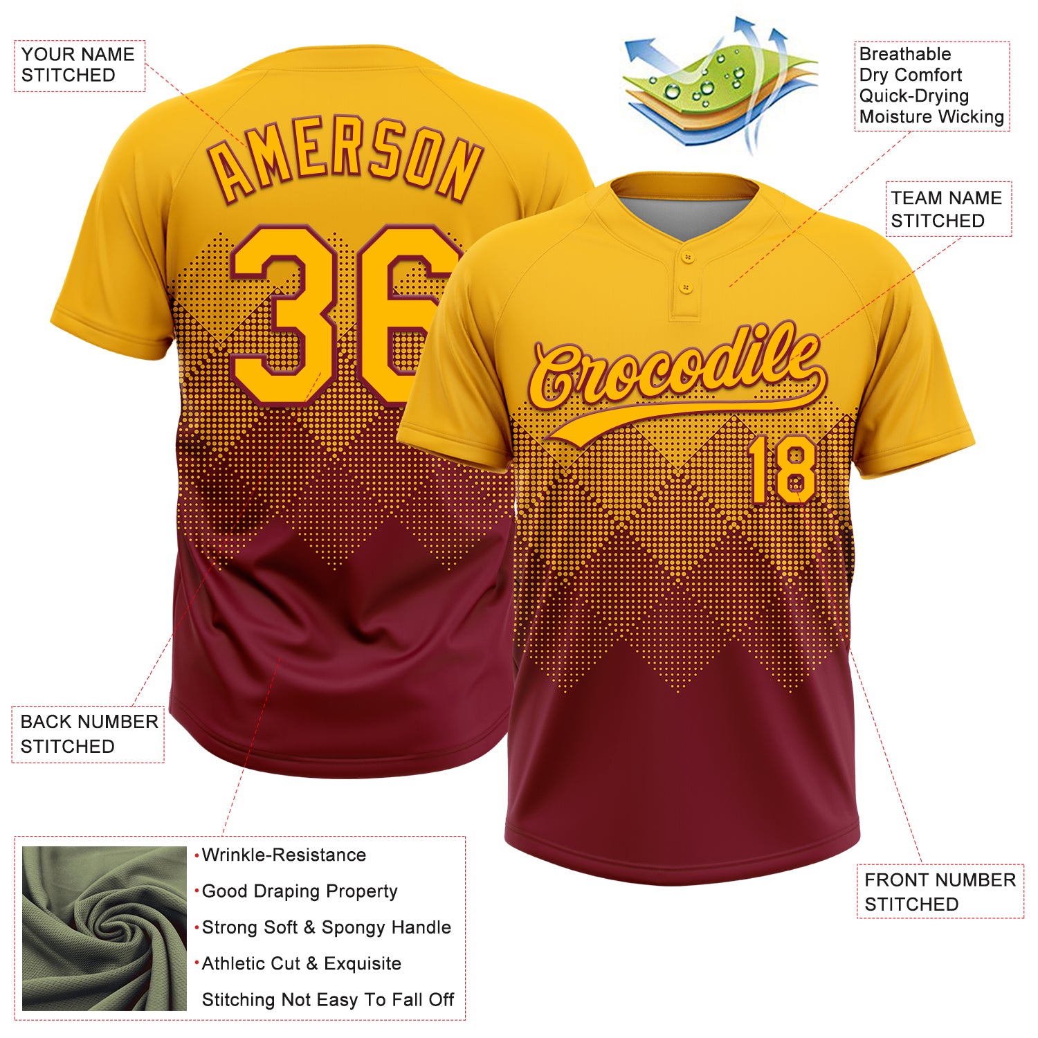 Custom Gold Crimson 3D Gradient Square Shape Two-Button Unisex Softball Jersey