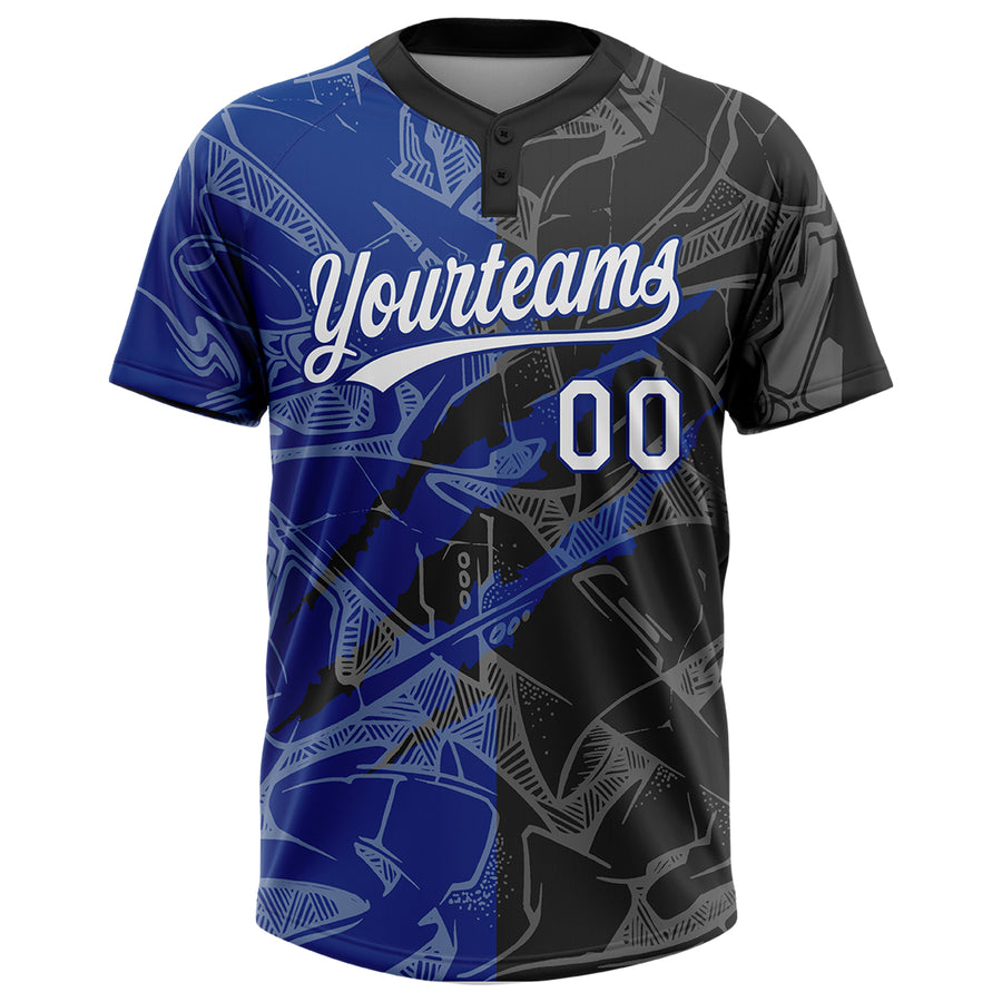 Custom Graffiti Pattern White Black-Royal 3D Scratch Two-Button Unisex Softball Jersey