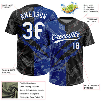 Custom Graffiti Pattern White Black-Royal 3D Scratch Two-Button Unisex Softball Jersey