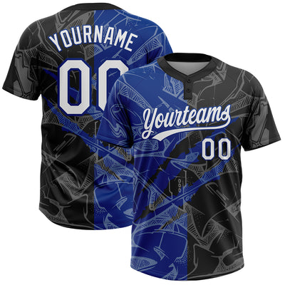 Custom Graffiti Pattern White Black-Royal 3D Scratch Two-Button Unisex Softball Jersey