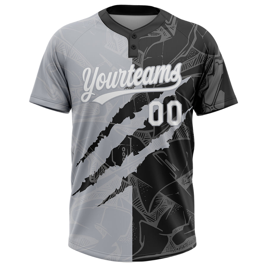 Custom Graffiti Pattern White Black-Gray 3D Scratch Two-Button Unisex Softball Jersey