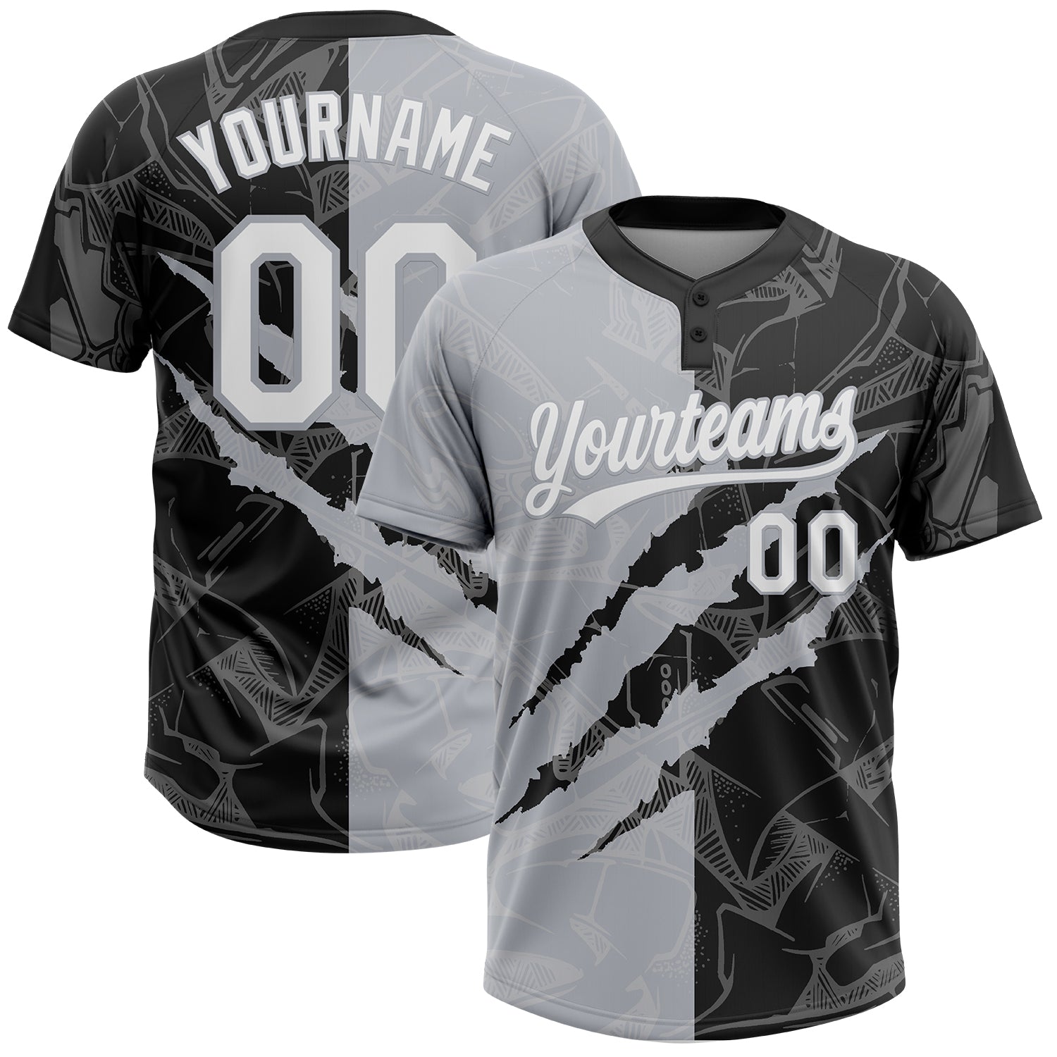 Custom Graffiti Pattern White Black-Gray 3D Scratch Two-Button Unisex Softball Jersey