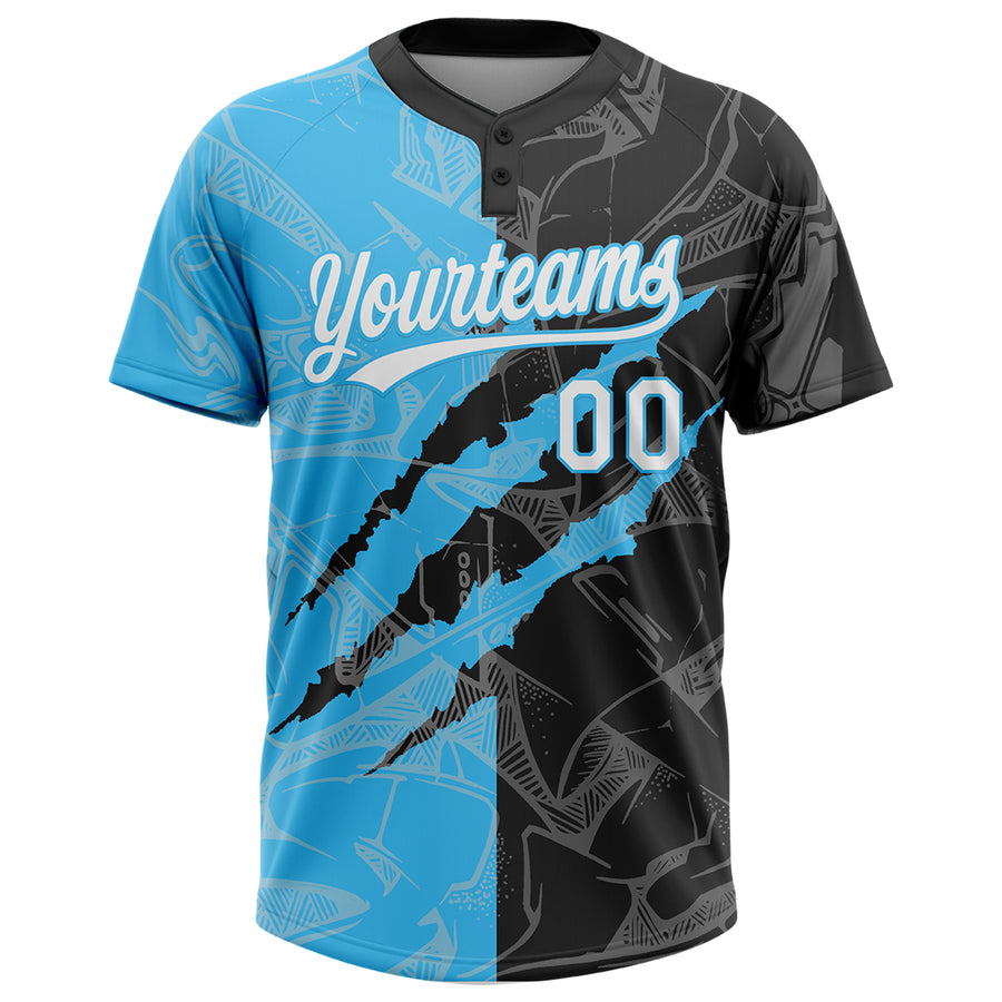 Custom Graffiti Pattern White Black-Sky Blue 3D Scratch Two-Button Unisex Softball Jersey