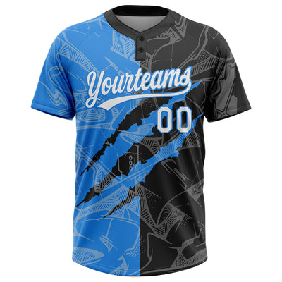 Custom Graffiti Pattern White Black-Electric Blue 3D Scratch Two-Button Unisex Softball Jersey