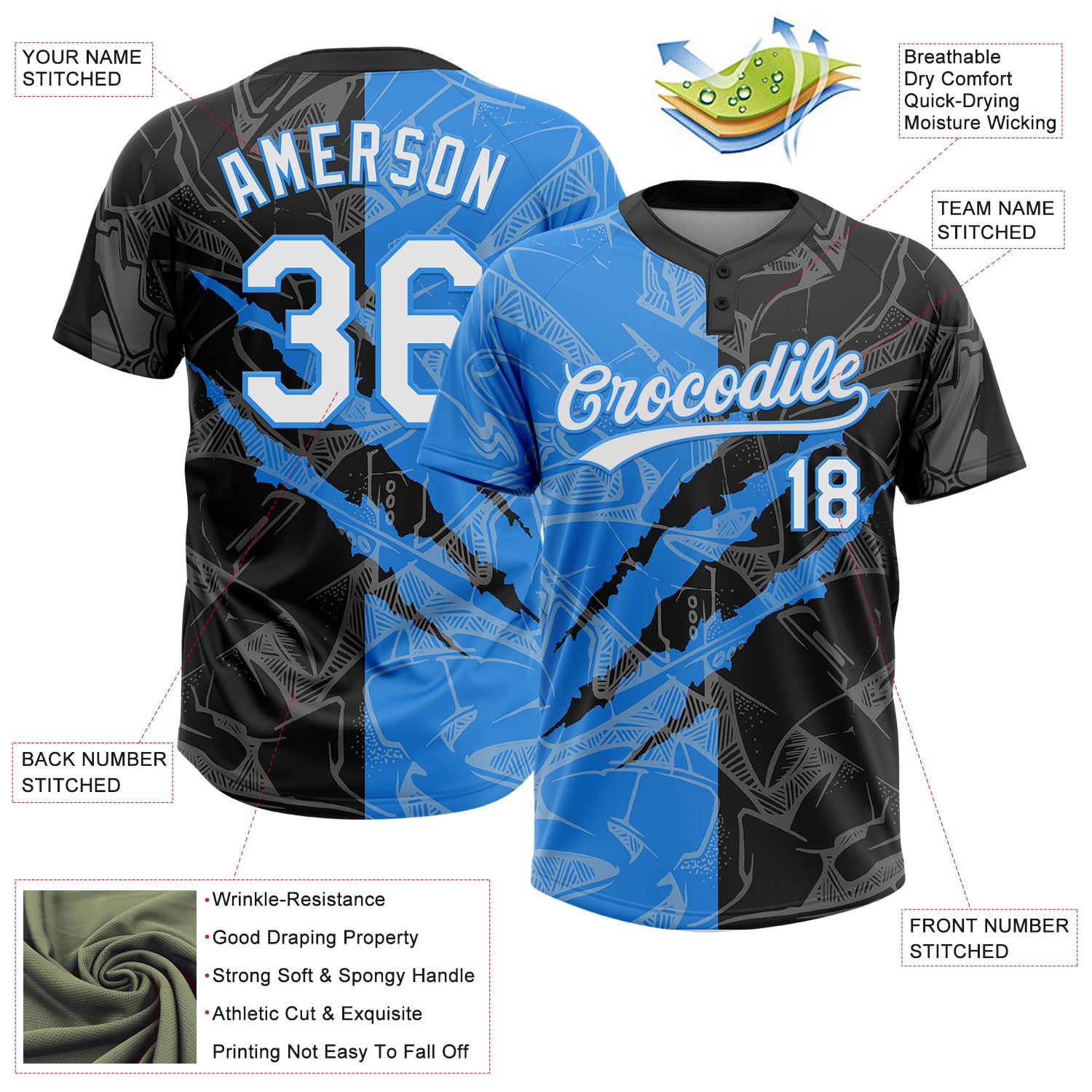 Custom Graffiti Pattern White Black-Electric Blue 3D Scratch Two-Button Unisex Softball Jersey