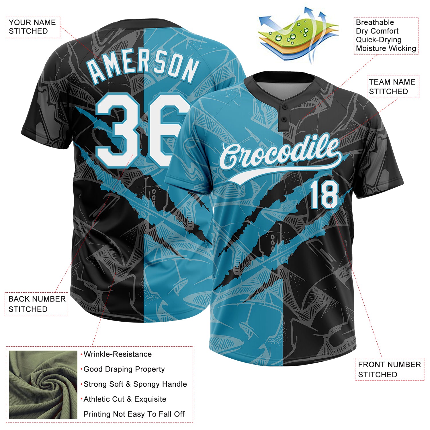 Custom Graffiti Pattern White Black-Panther Blue 3D Scratch Two-Button Unisex Softball Jersey