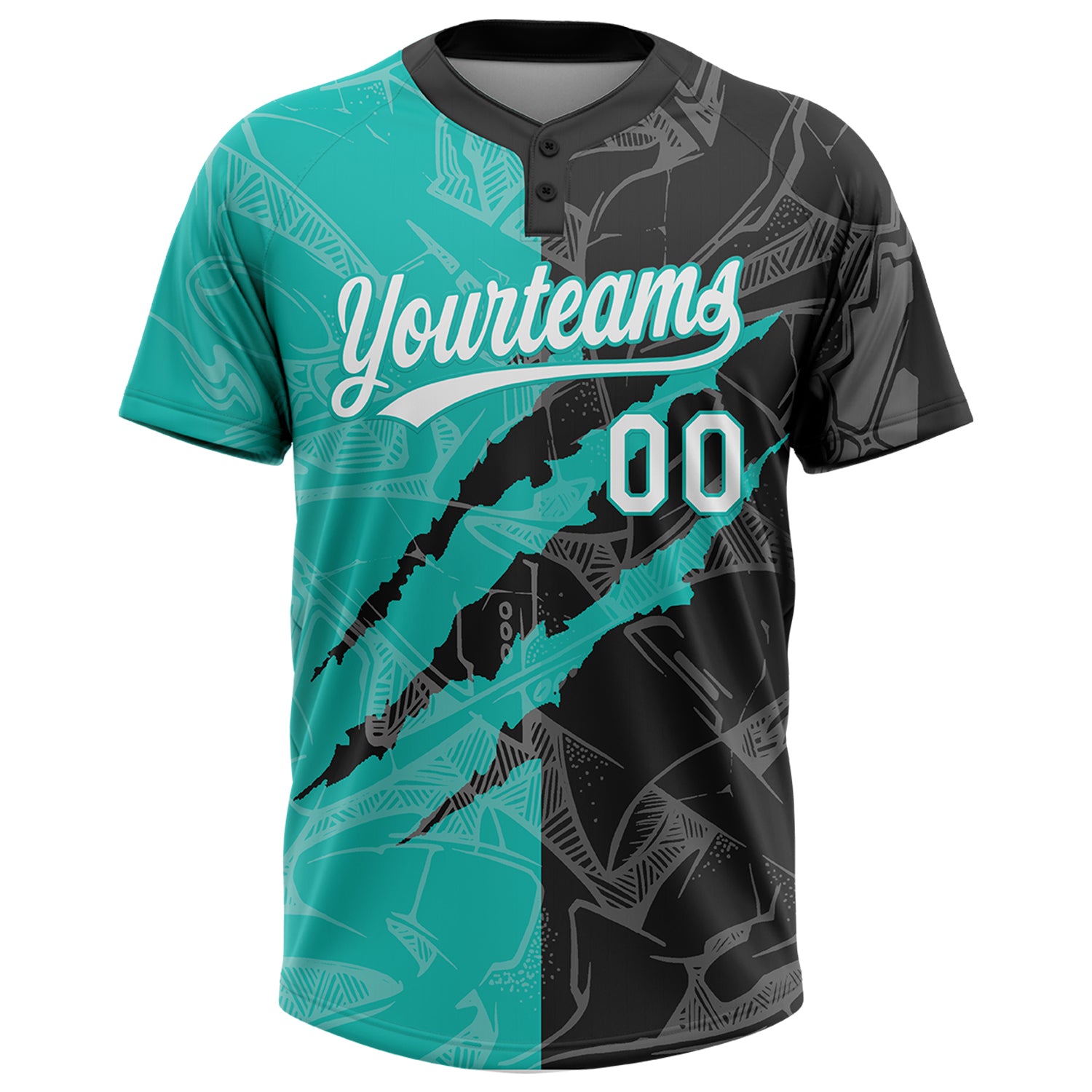 Custom Graffiti Pattern White Black-Aqua 3D Scratch Two-Button Unisex Softball Jersey