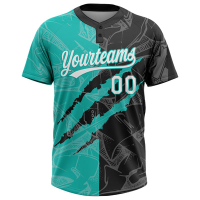 Custom Graffiti Pattern White Black-Aqua 3D Scratch Two-Button Unisex Softball Jersey