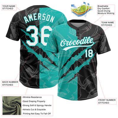 Custom Graffiti Pattern White Black-Aqua 3D Scratch Two-Button Unisex Softball Jersey