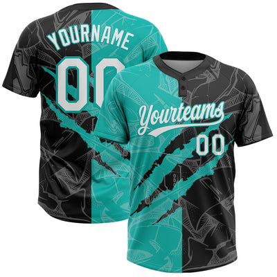 Custom Graffiti Pattern White Black-Aqua 3D Scratch Two-Button Unisex Softball Jersey